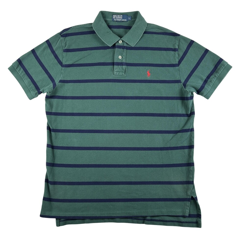 Polo Ralph Lauren Shirt Mens Large Green Striped Short Sleeve Polo Logo Casual